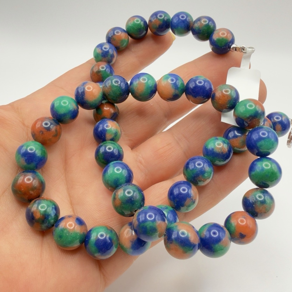 Vtg Multicolor Jasper Necklace Blue Green Red Sterling Silver Clasp 18" 10mm NOS